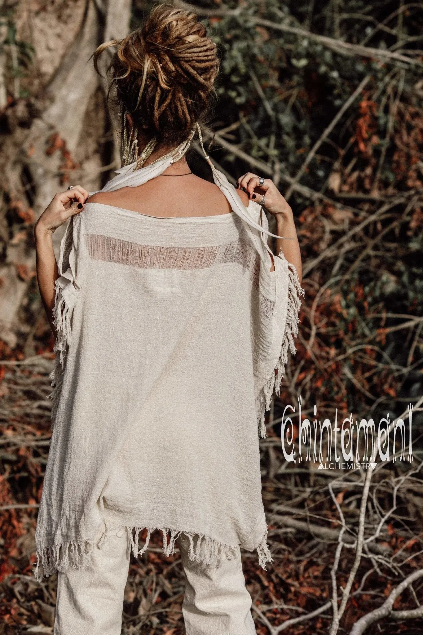 Raw Cotton Bohemian Poncho Top / Off Shoulder / Off White