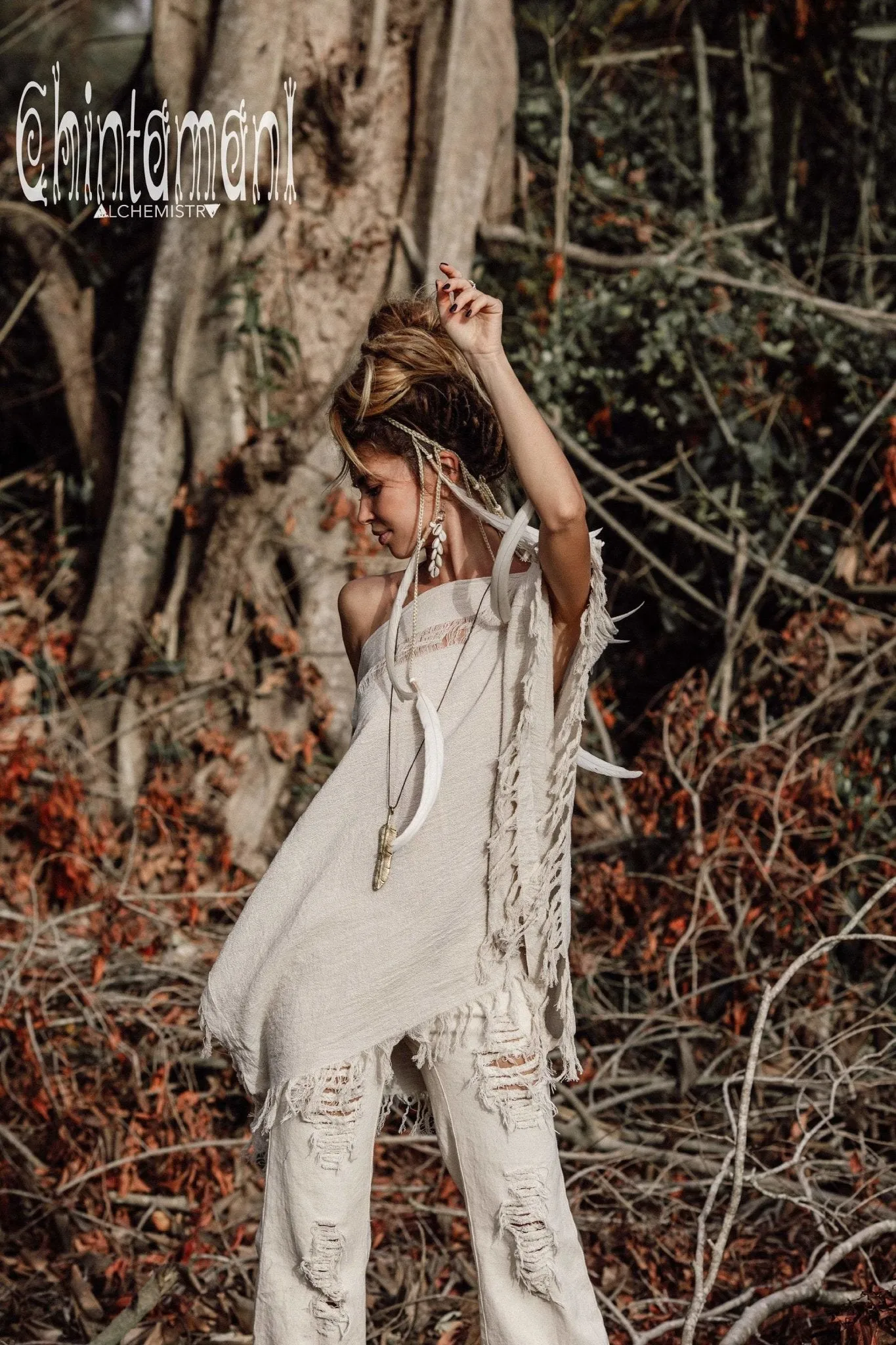 Raw Cotton Bohemian Poncho Top / Off Shoulder / Off White