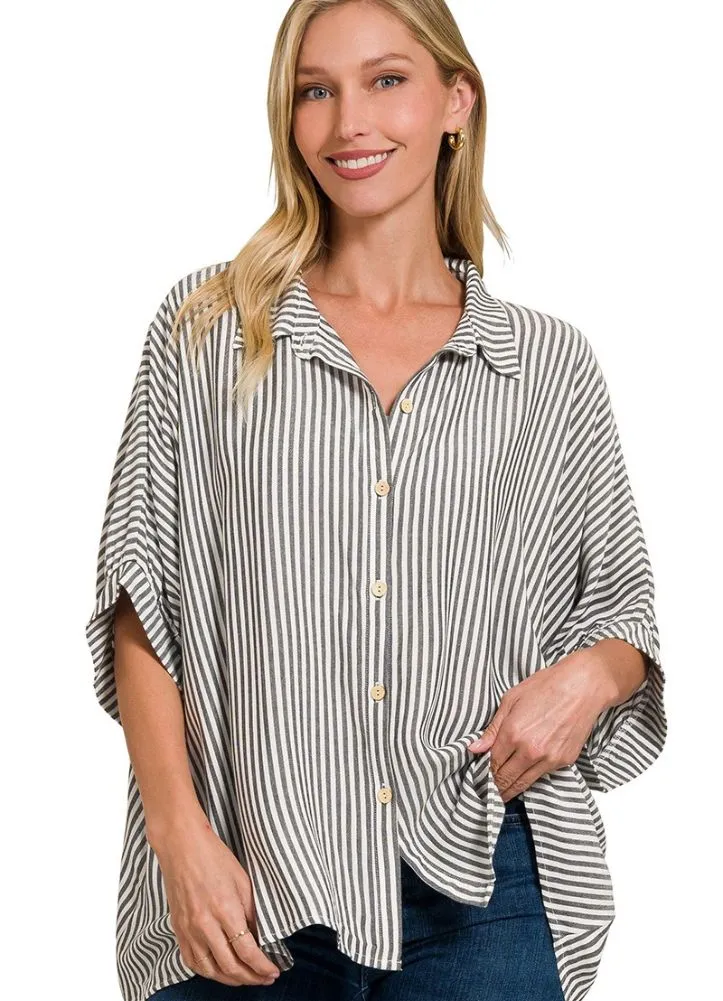 Rayon Striped SS Button Up in Black by Zenana