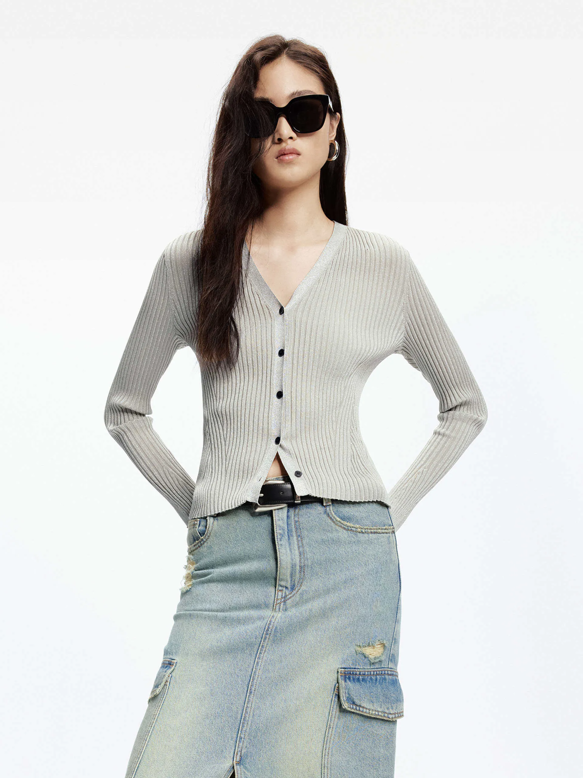 Ribbed Knit Slim Cardigan