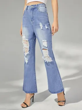 Ripped Plain Flare Leg Jeans