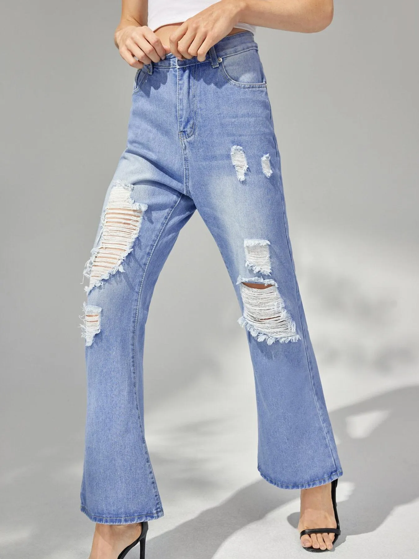 Ripped Plain Flare Leg Jeans