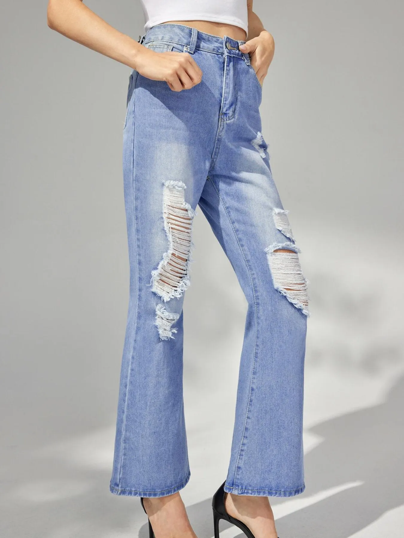 Ripped Plain Flare Leg Jeans