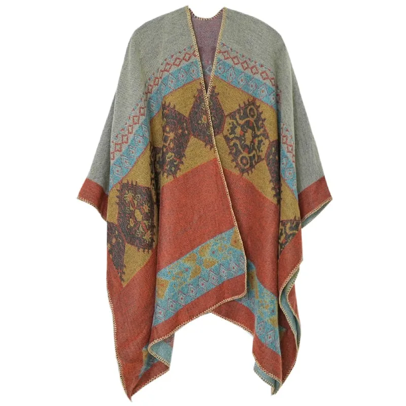 Ruana Rust Turquoise Golden Aztec Poncho Wrap Native Blanket Scarf Faux Cashmere Tribal Print Warm Cotton One Size