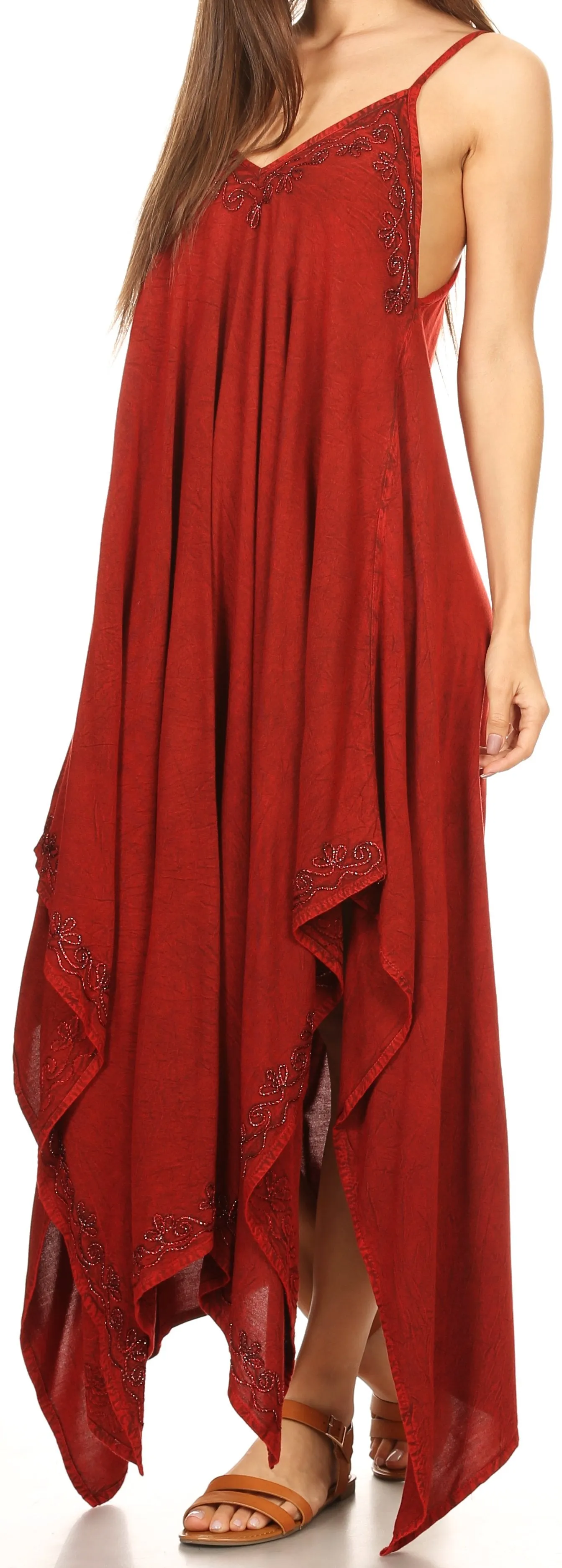 Sakkas Eleonora Stonewashed Embroidered Spaghetti Strap Handkerchief Dress