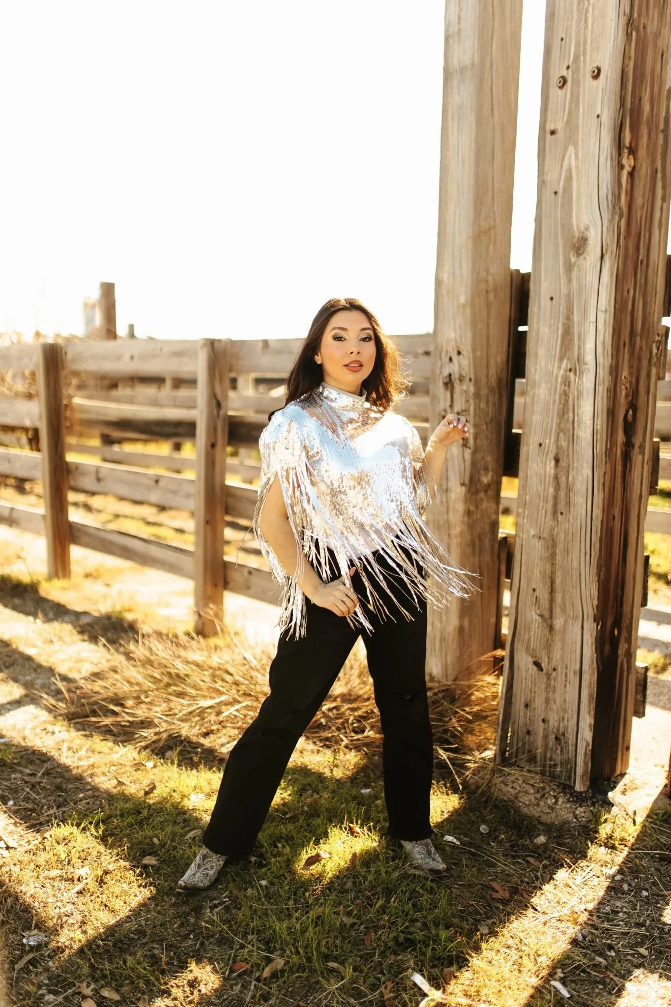 Sequin Fringe Poncho Top - Silver