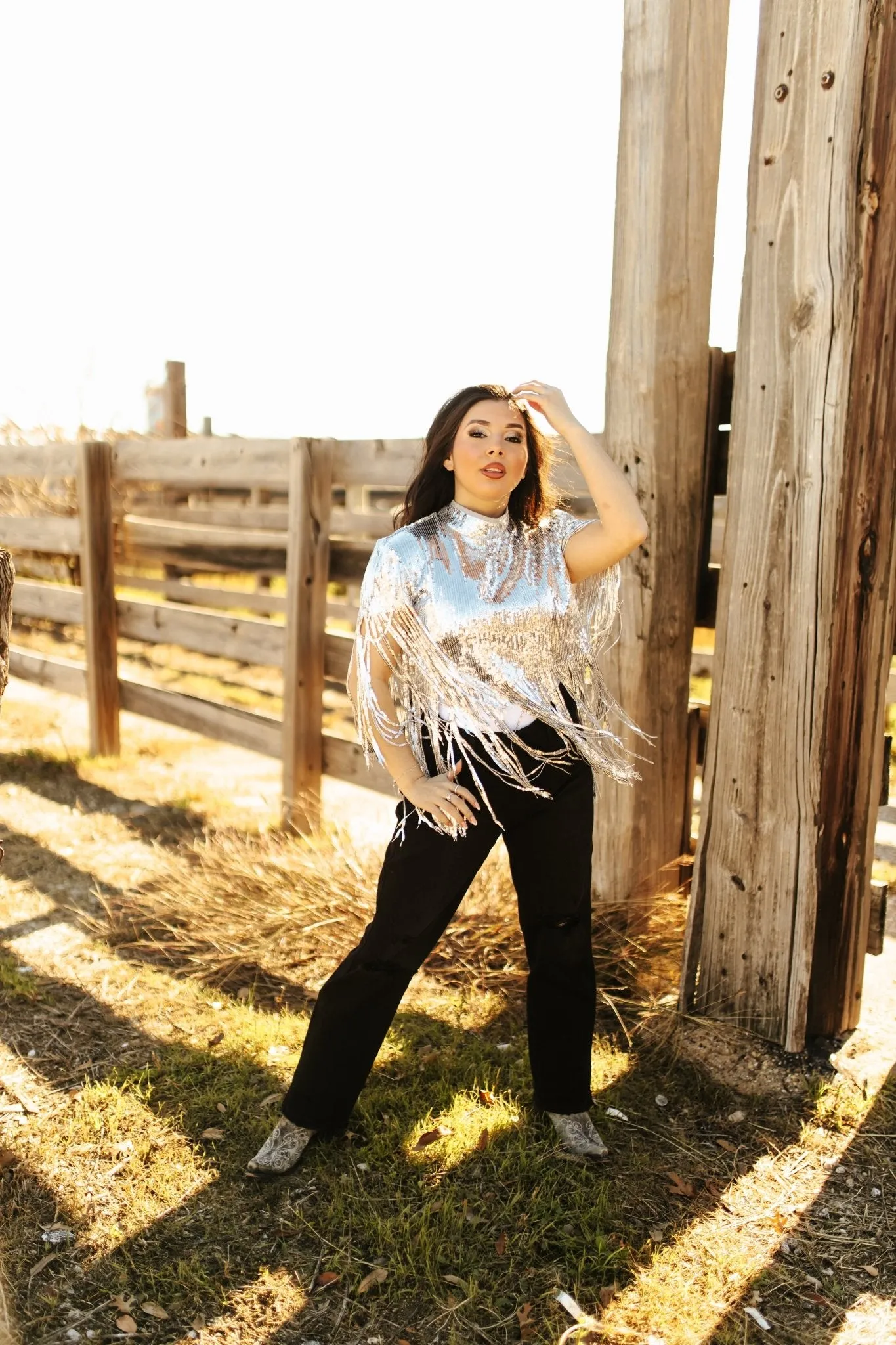 Sequin Fringe Poncho Top - Silver