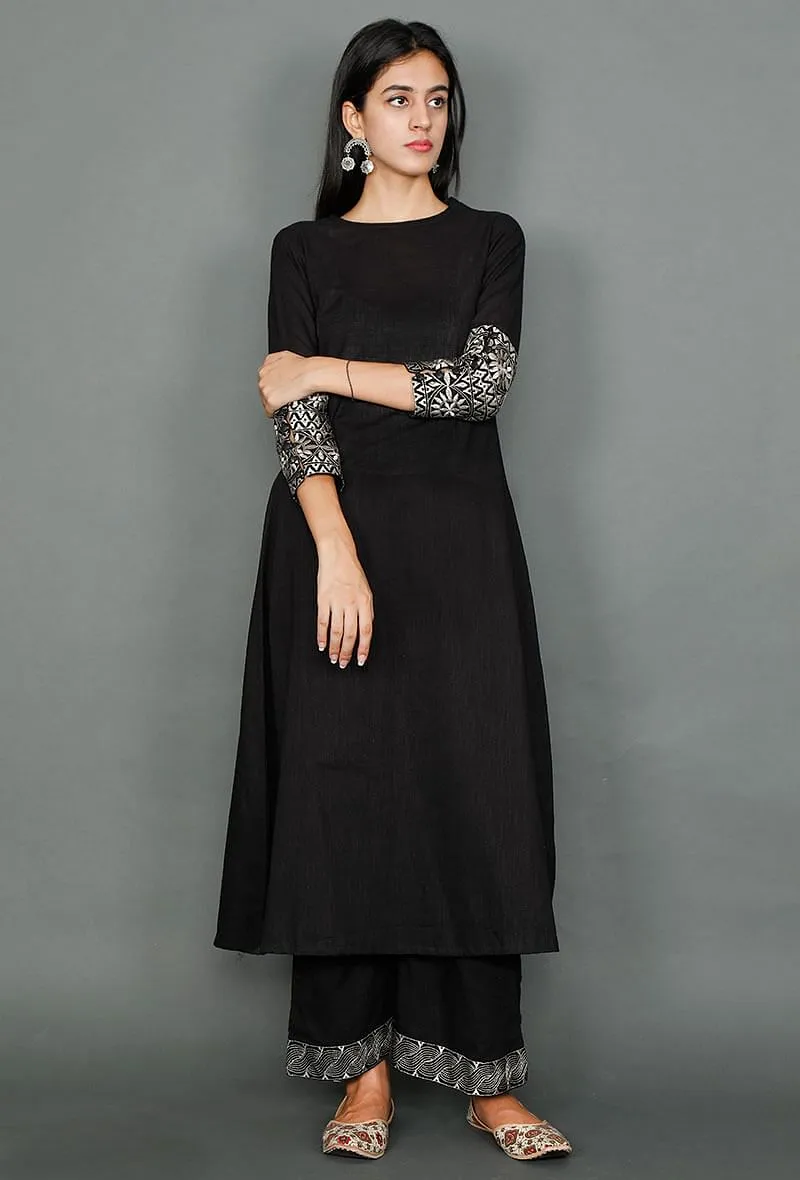 Set of 2: Black Kurta & Plazzo With Kantha Embroidery