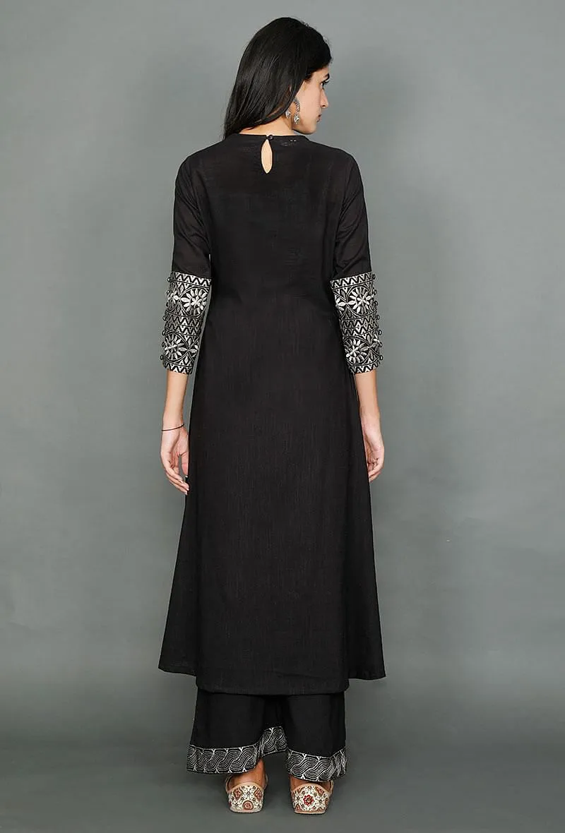 Set of 2: Black Kurta & Plazzo With Kantha Embroidery