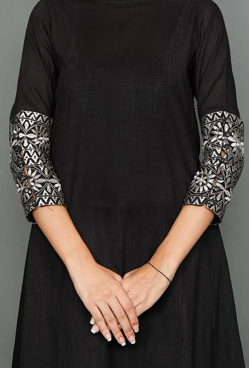 Set of 2: Black Kurta & Plazzo With Kantha Embroidery