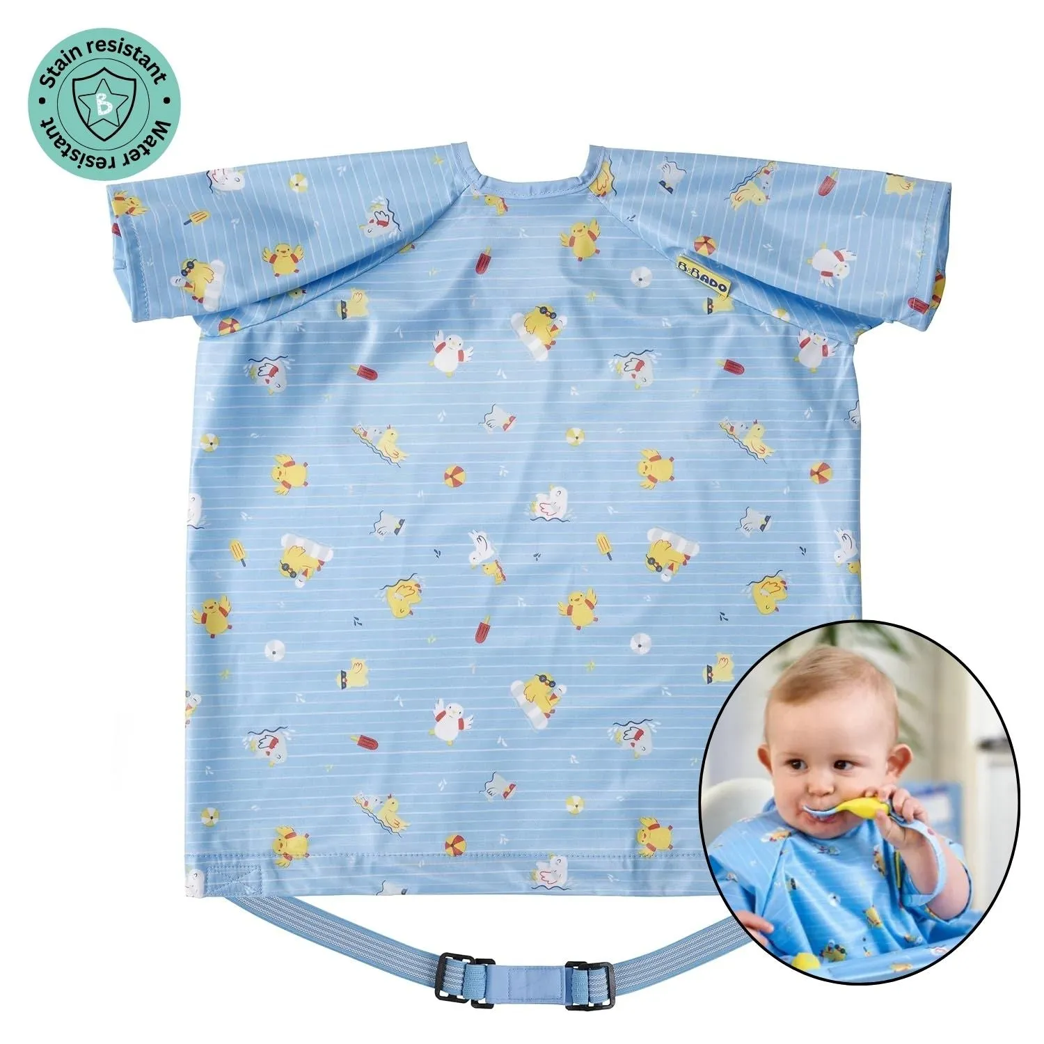 Short-Sleeve Coverall Weaning Bib Ducklings Pool Party Blue