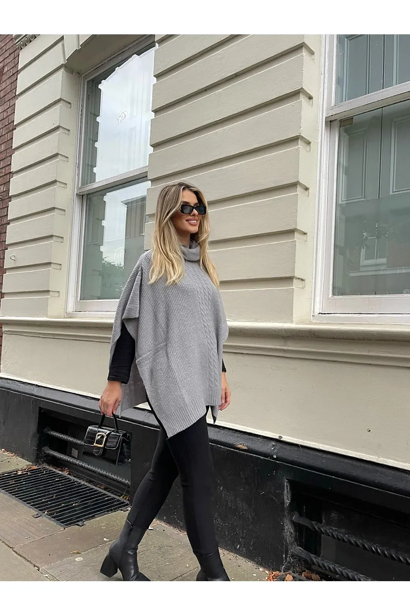 SILVER COWL NECK KNIT PONCHO