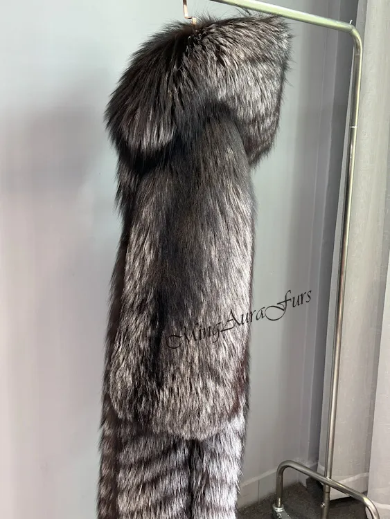 Silver Fox Fur Coat for Women with Fur Hood - Real Fur - G005