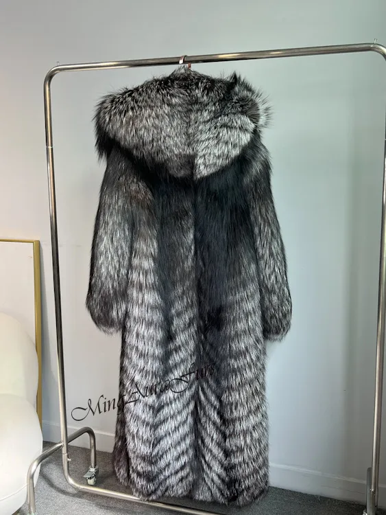 Silver Fox Fur Coat for Women with Fur Hood - Real Fur - G005