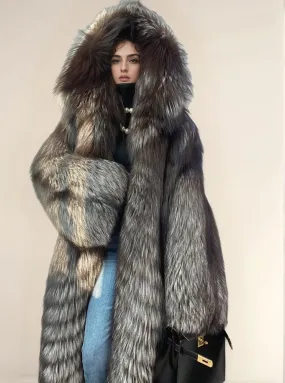 Silver Fox Fur Coat for Women with Fur Hood - Real Fur - G005