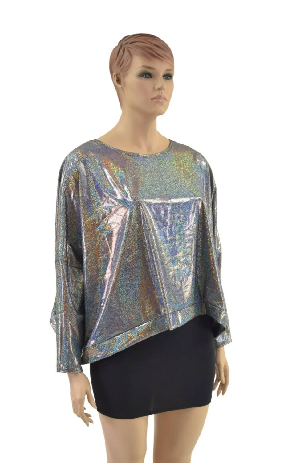 Silver Holographic Long Sleeve Pullover Poncho