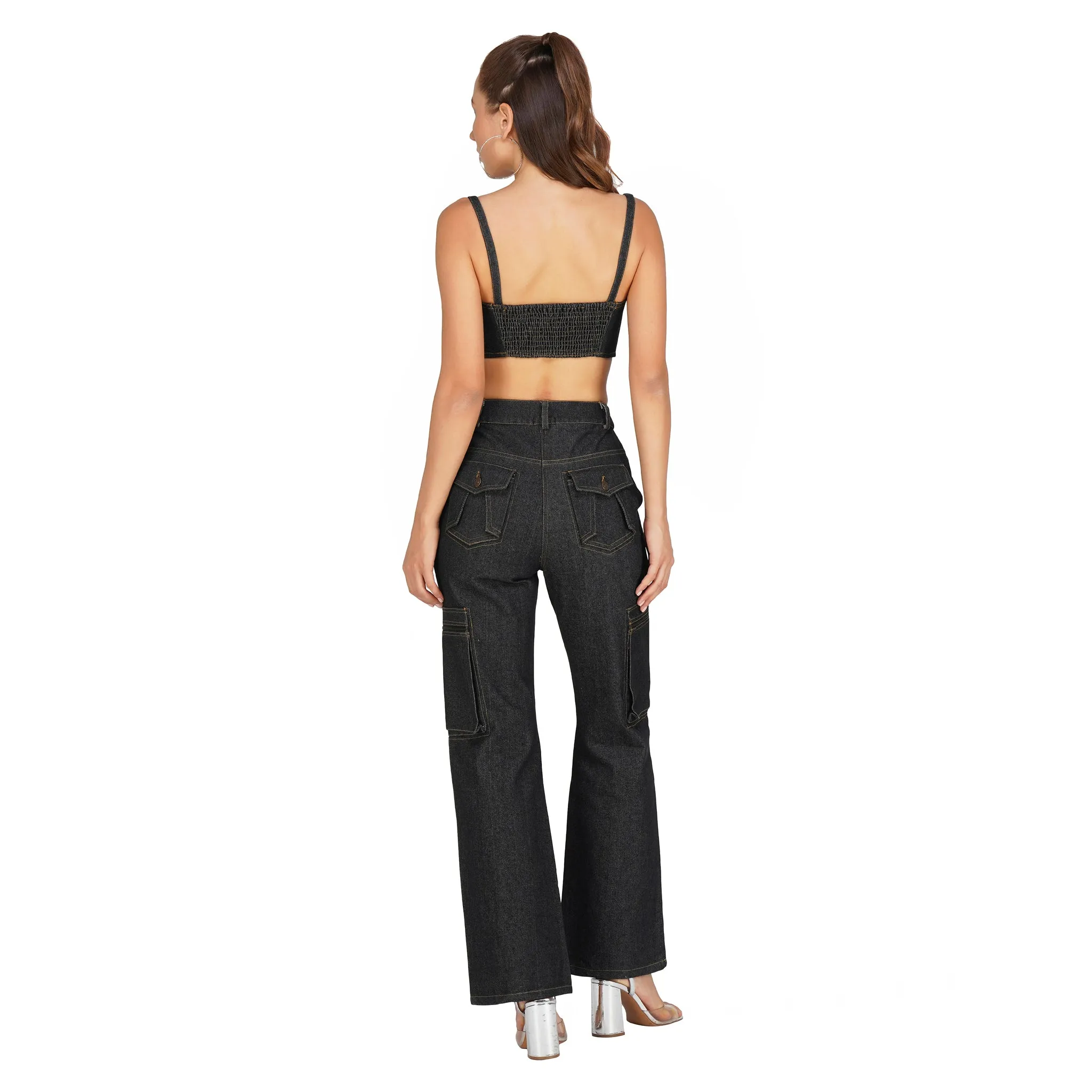 SLAY. Women's Black Denim Zip up Corset & Cargo Jeans Co-ord Set