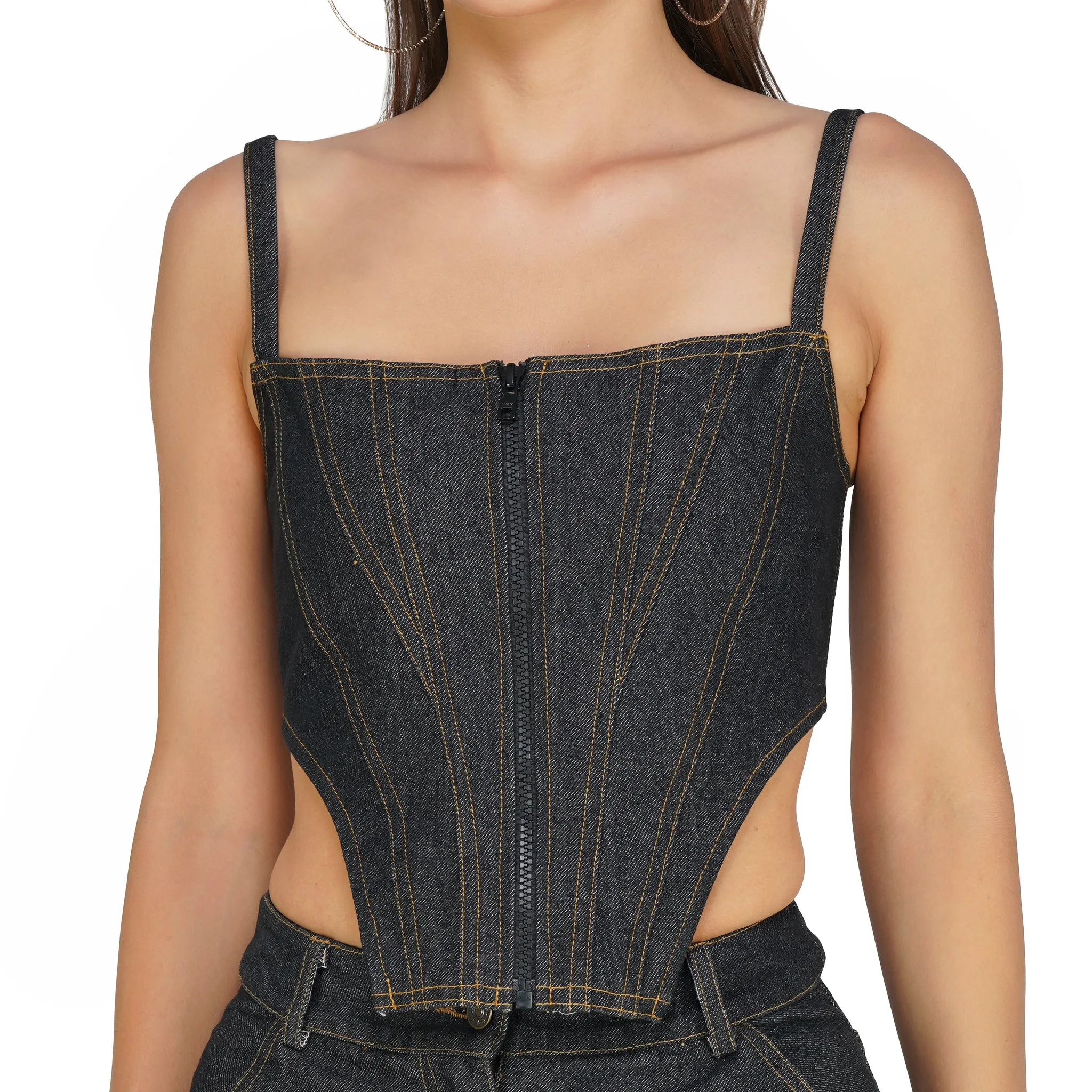 SLAY. Women's Black Denim Zip up Corset & Cargo Jeans Co-ord Set