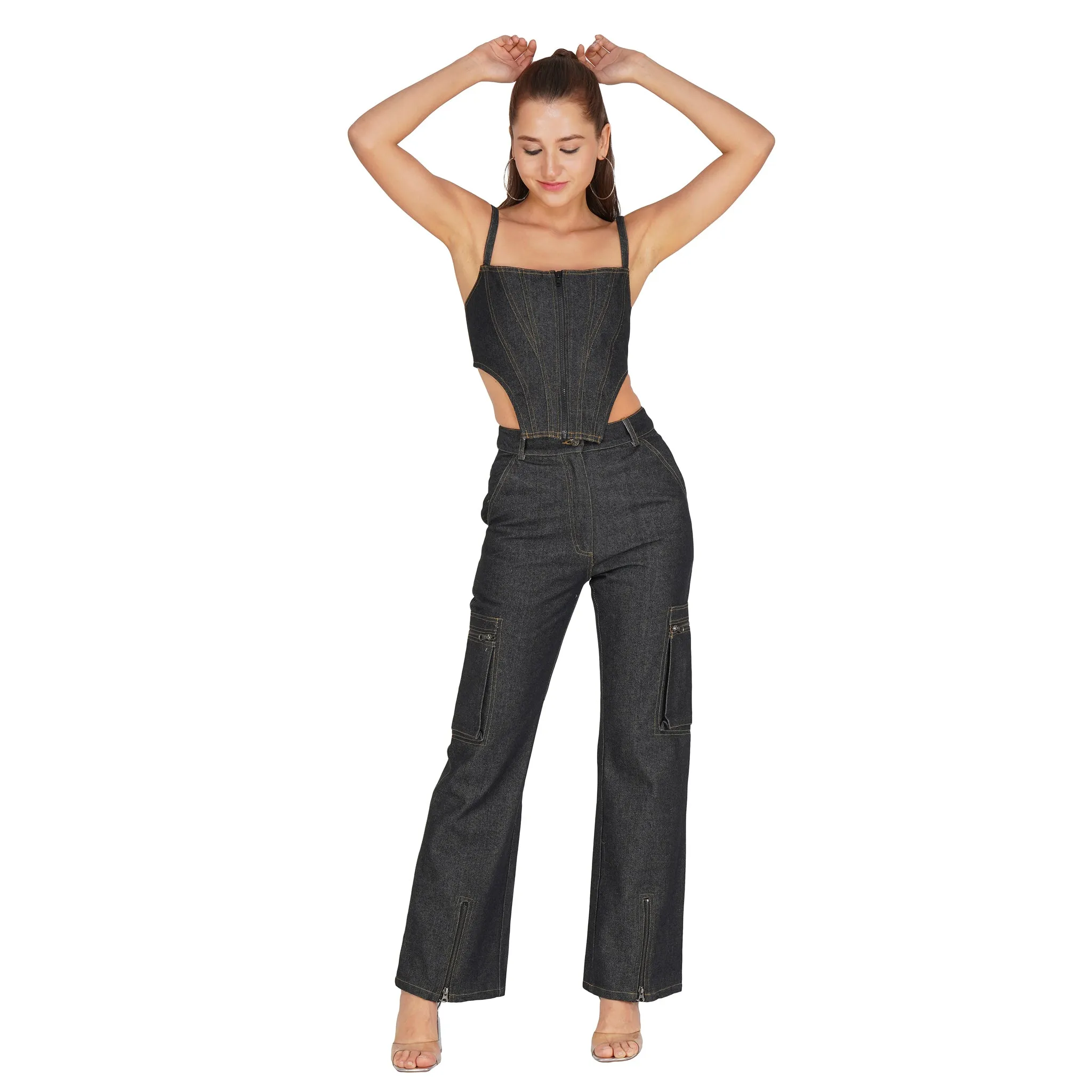 SLAY. Women's Black Denim Zip up Corset & Cargo Jeans Co-ord Set