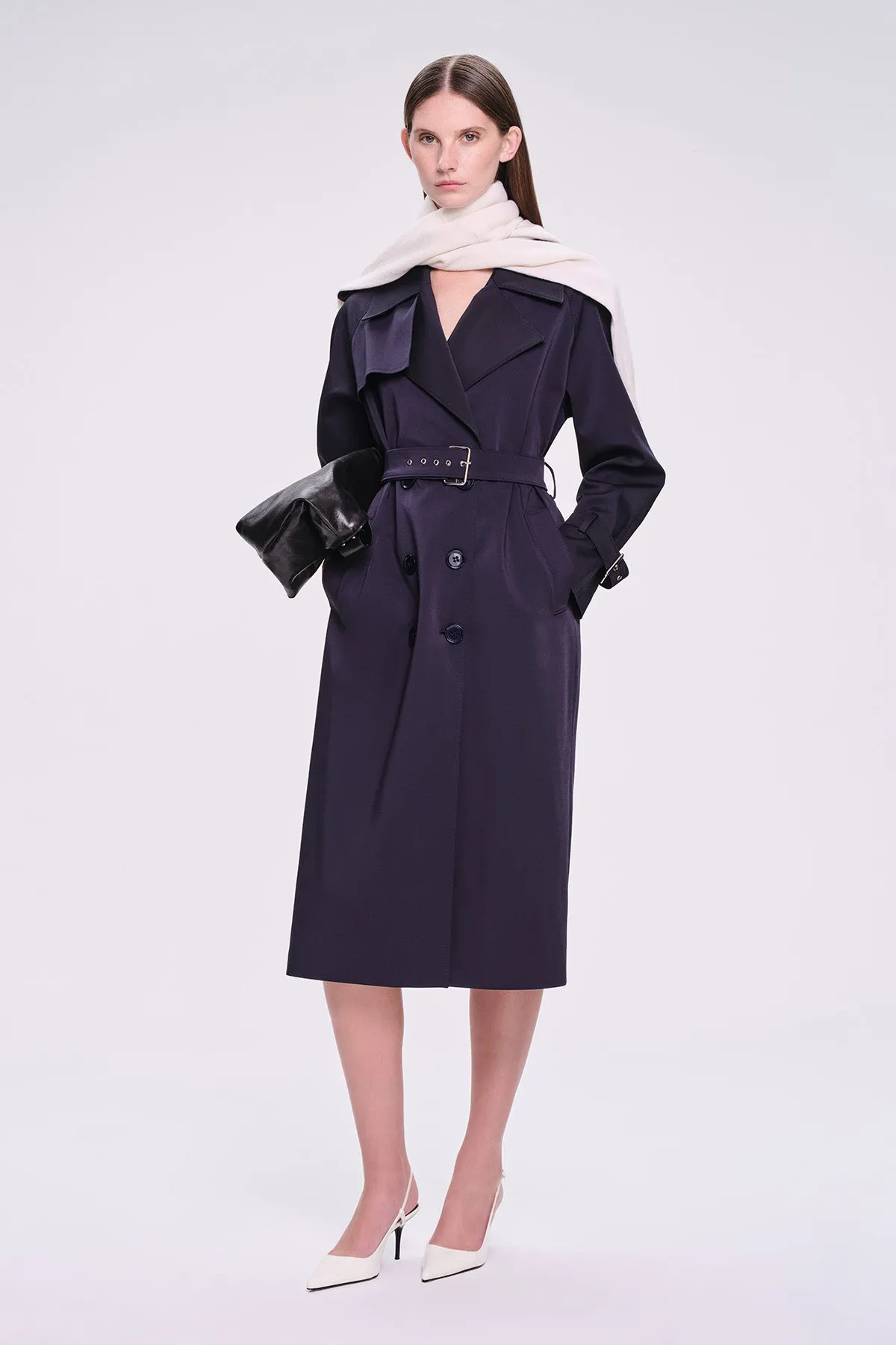 Slim Fit Shine Cotton Blend Navy Long Coat