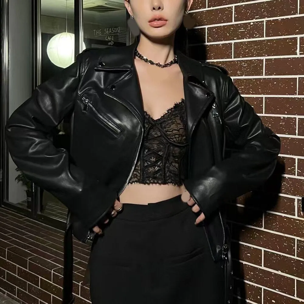 Solid Casual Patchwork Zipper Leather Jackets For Women Lapel Long Sleeve Spliced Belt Moto Style Coat Female