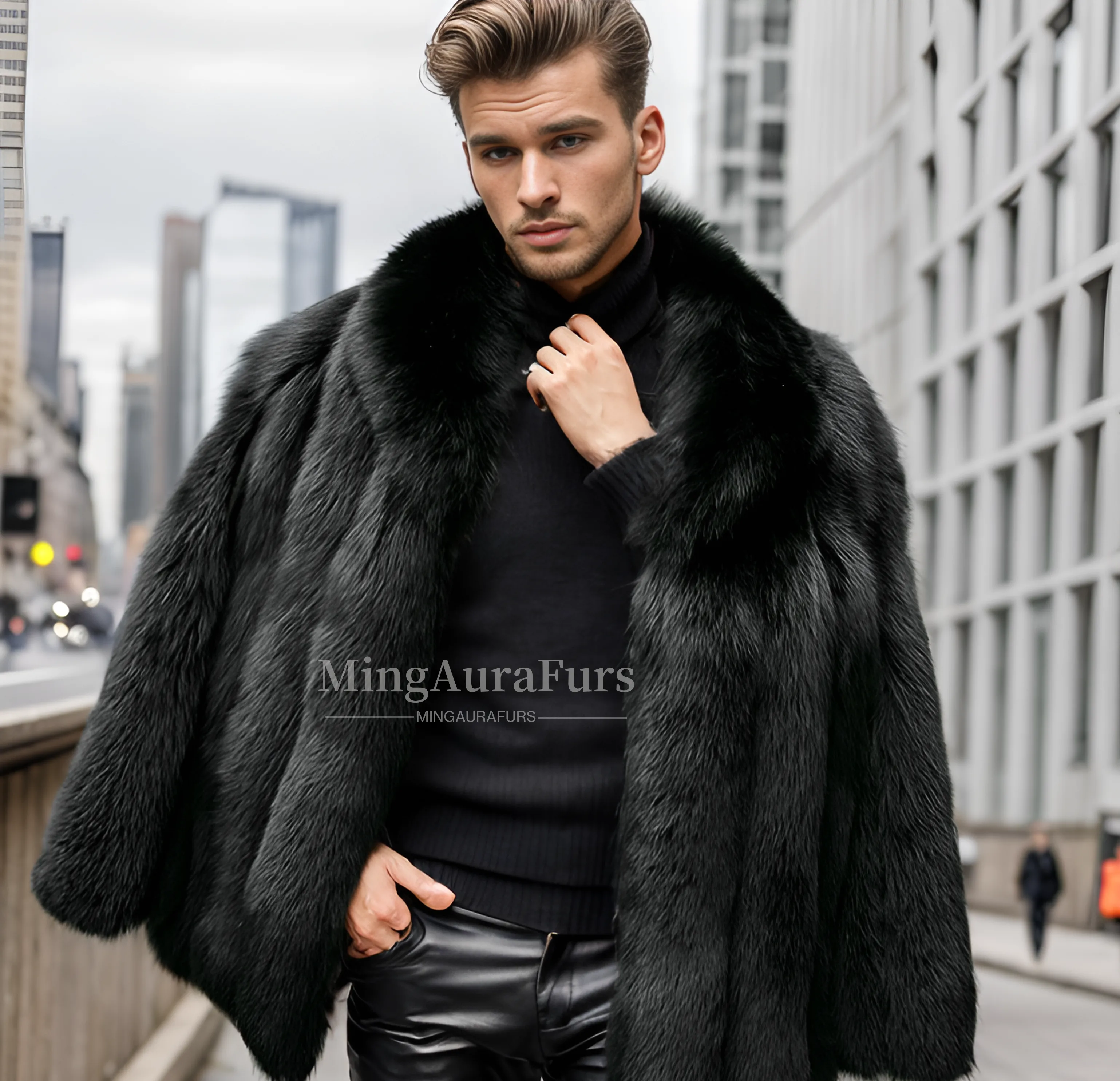 Sophisticated Men's Black Blue Fox Coat M806