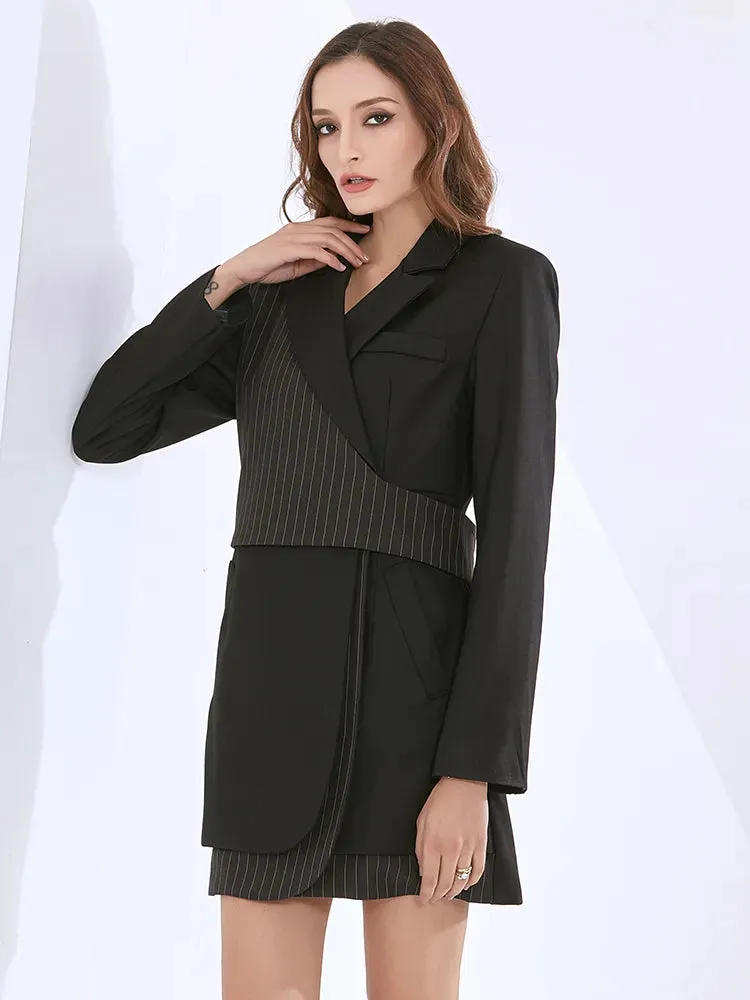 Striped Blazers For Women Notched Collar Long Sleeve Tunic Patchwork Button Slim Temperament Blazer Female Autumn