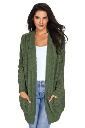 Stylish Olive Green Knit Long Sleeve Cardigan with Convenient Pockets