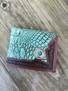 Texas Leather Bi-Fold Turquoise Crocodile & Silver Concho w/ Turquoise Rhinestone Leather Wallet 0258270T