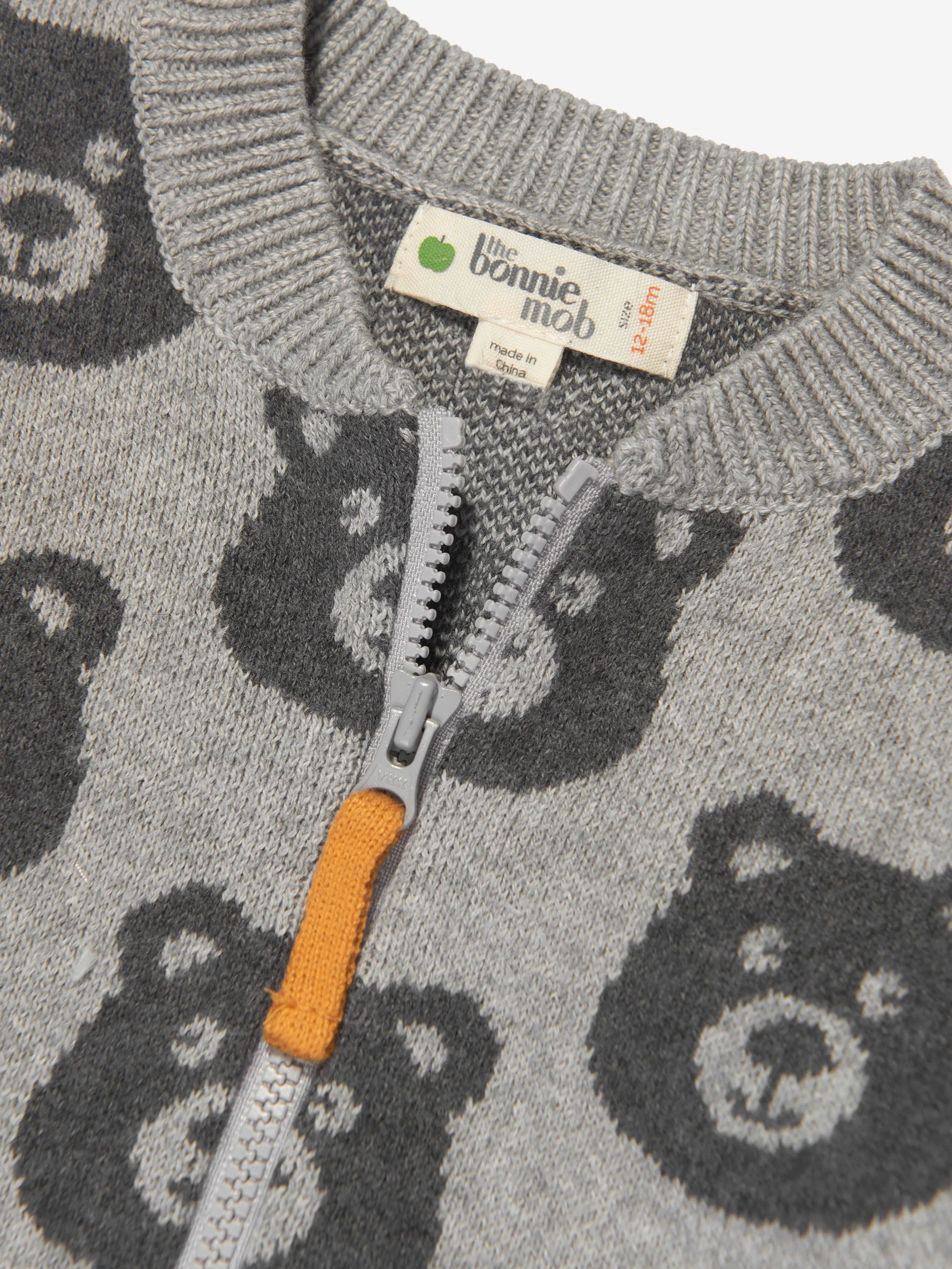 The Bonnie Mob Kids Bear Cashmere Knit Cardigan in Grey