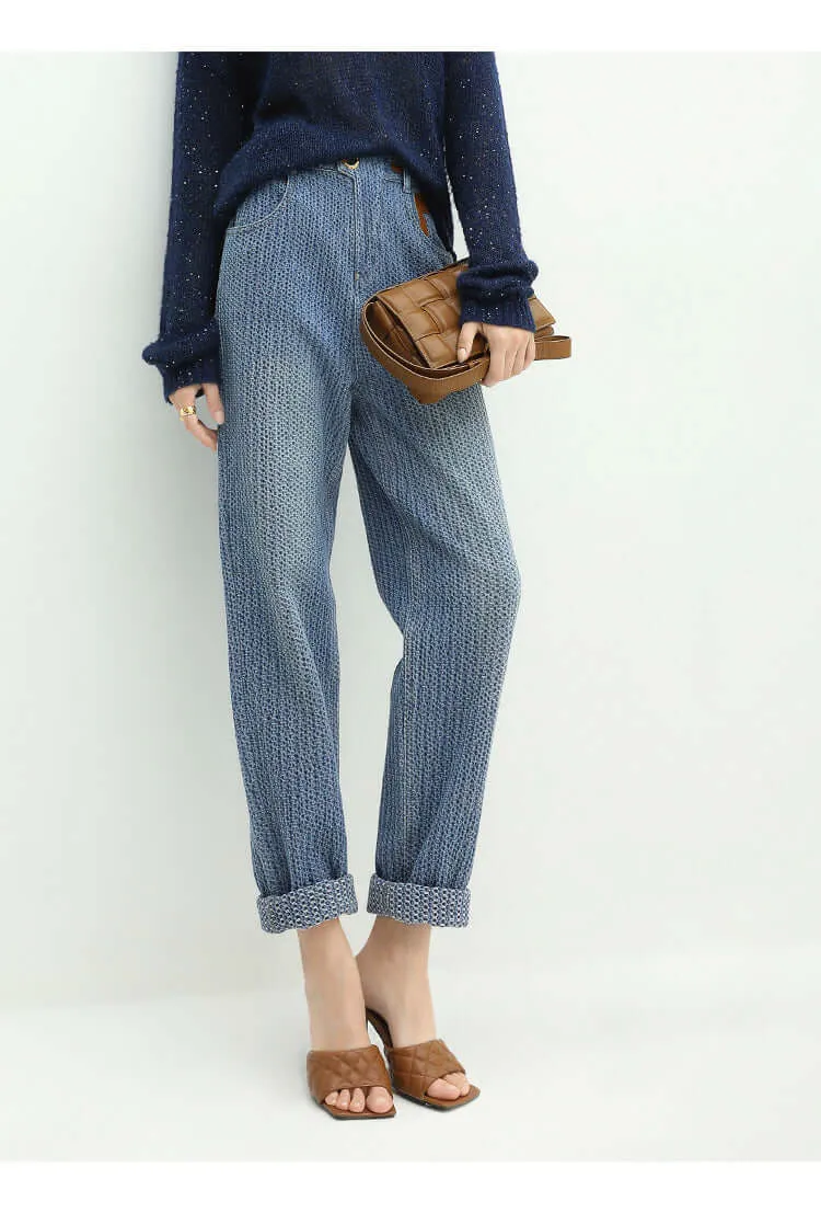 Trendy Jacquard Blue Straight Leg Jeans