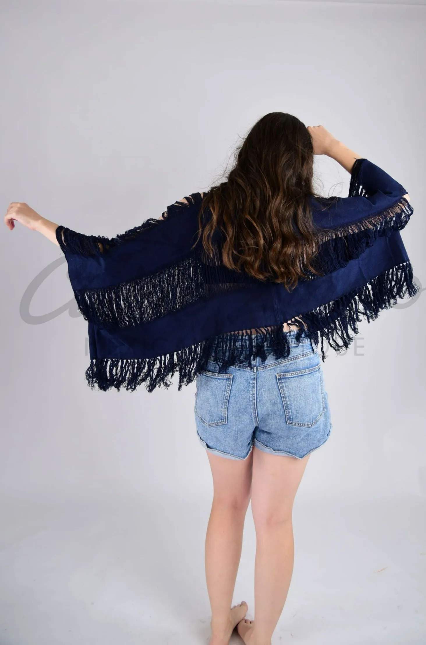 Tulum Raw Frayed Poncho Dark Navy