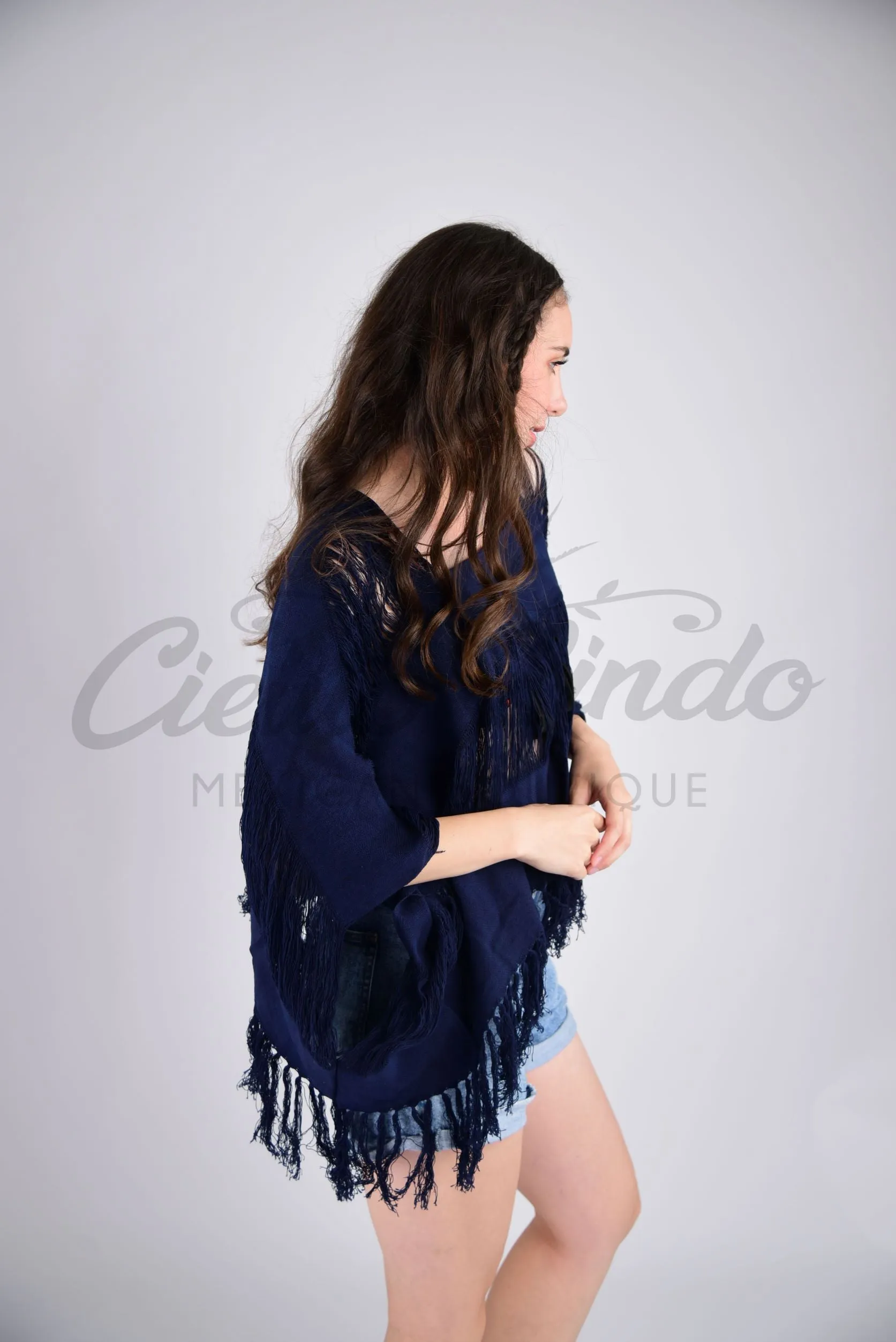 Tulum Raw Frayed Poncho Dark Navy