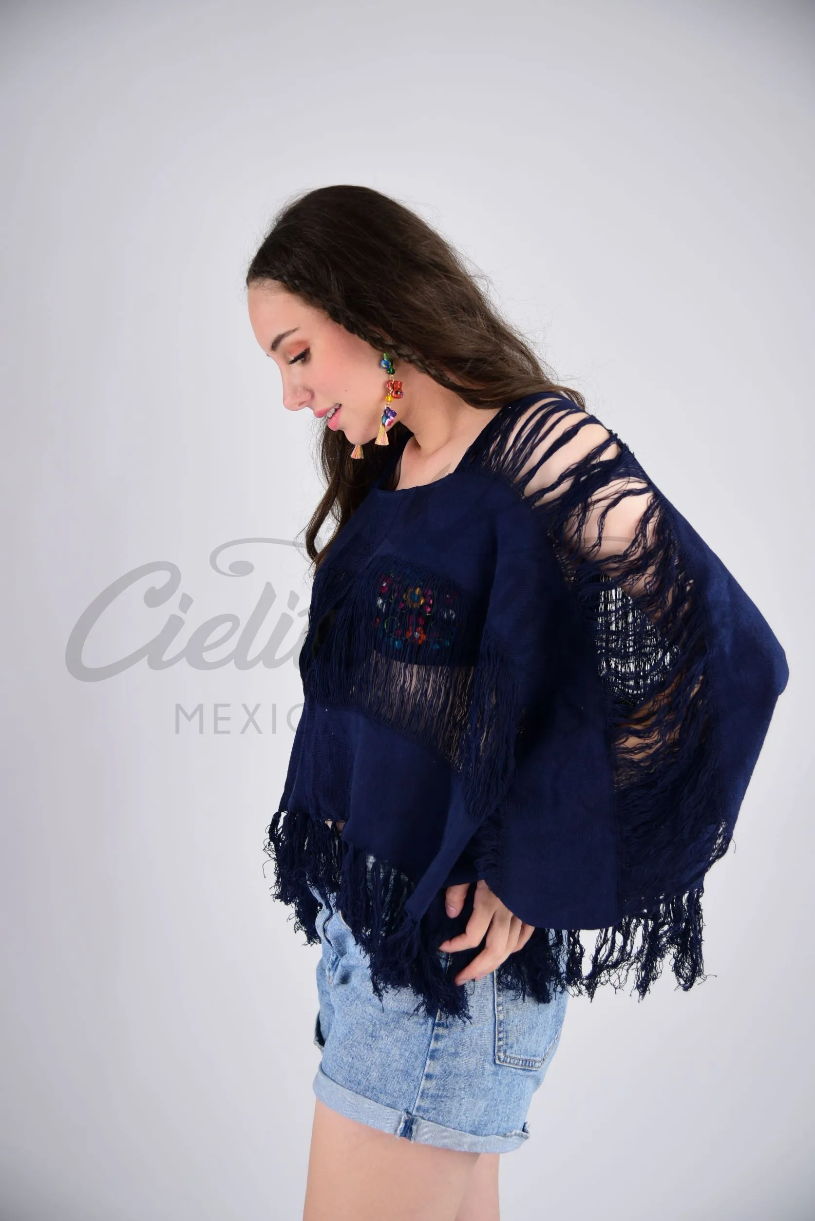 Tulum Raw Frayed Poncho Dark Navy