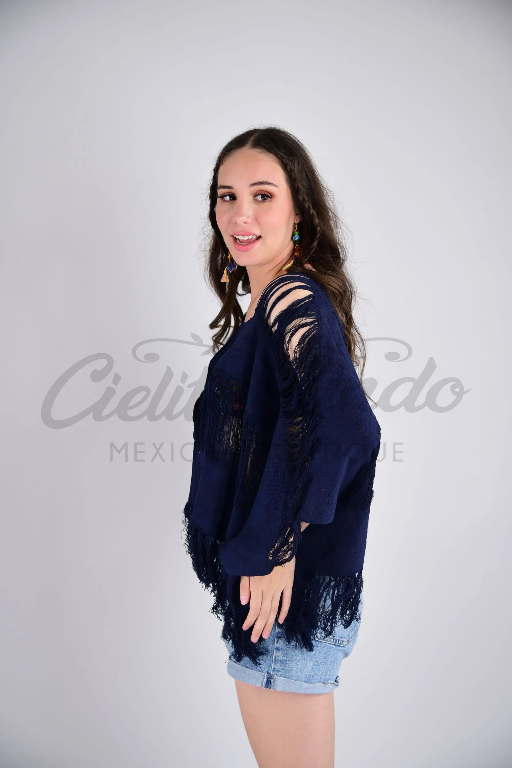 Tulum Raw Frayed Poncho Dark Navy