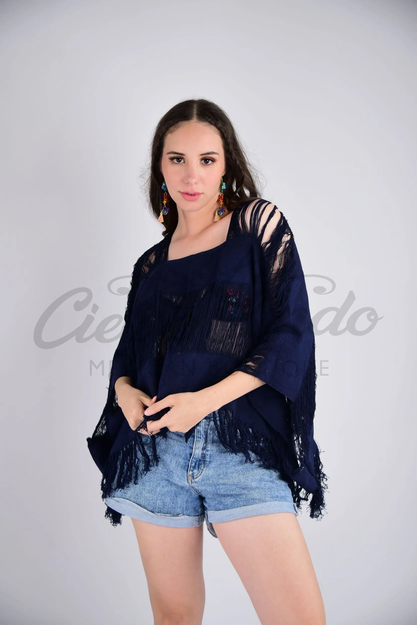 Tulum Raw Frayed Poncho Dark Navy