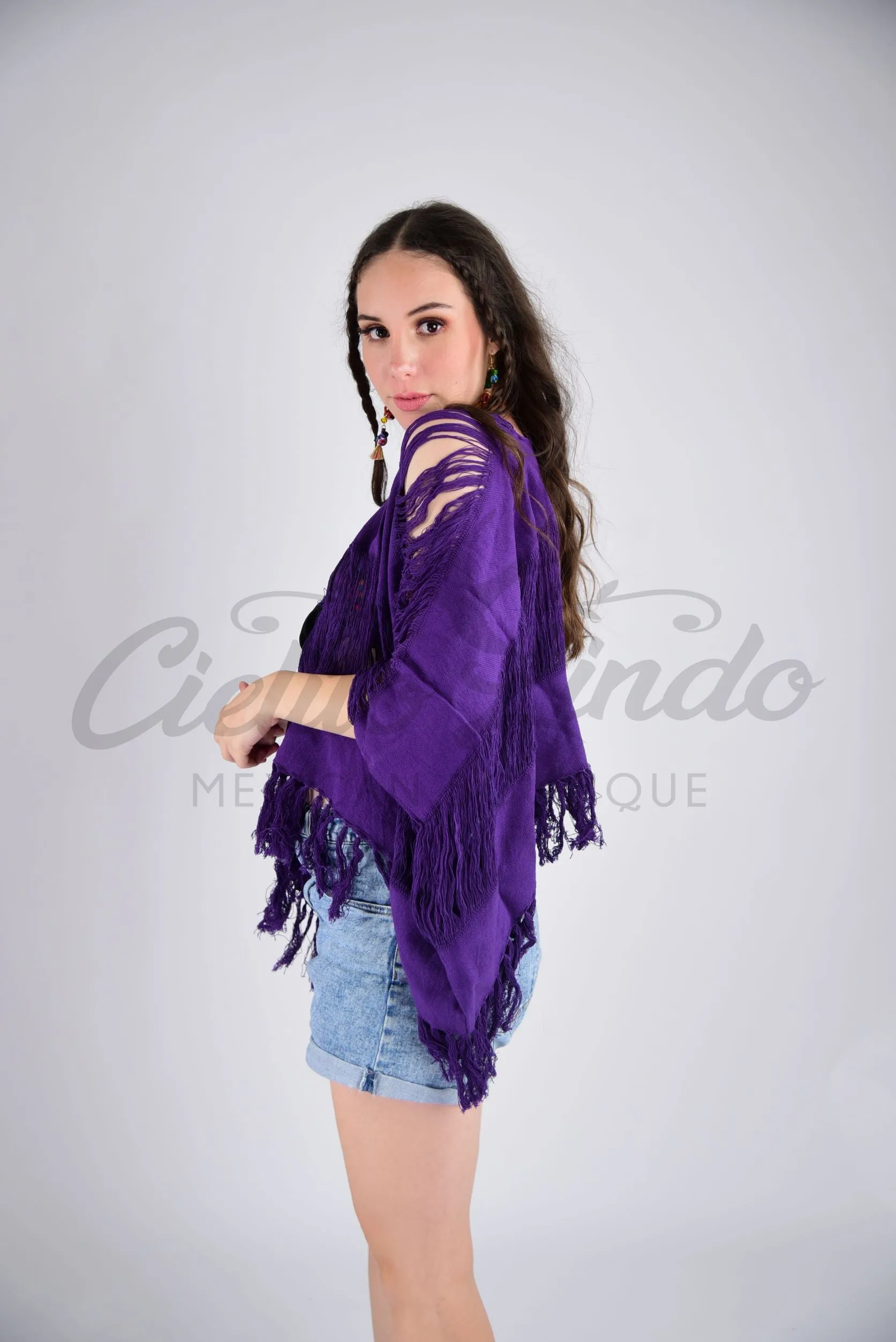 Tulum Raw Frayed Poncho Dark Purple