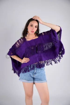 Tulum Raw Frayed Poncho Dark Purple