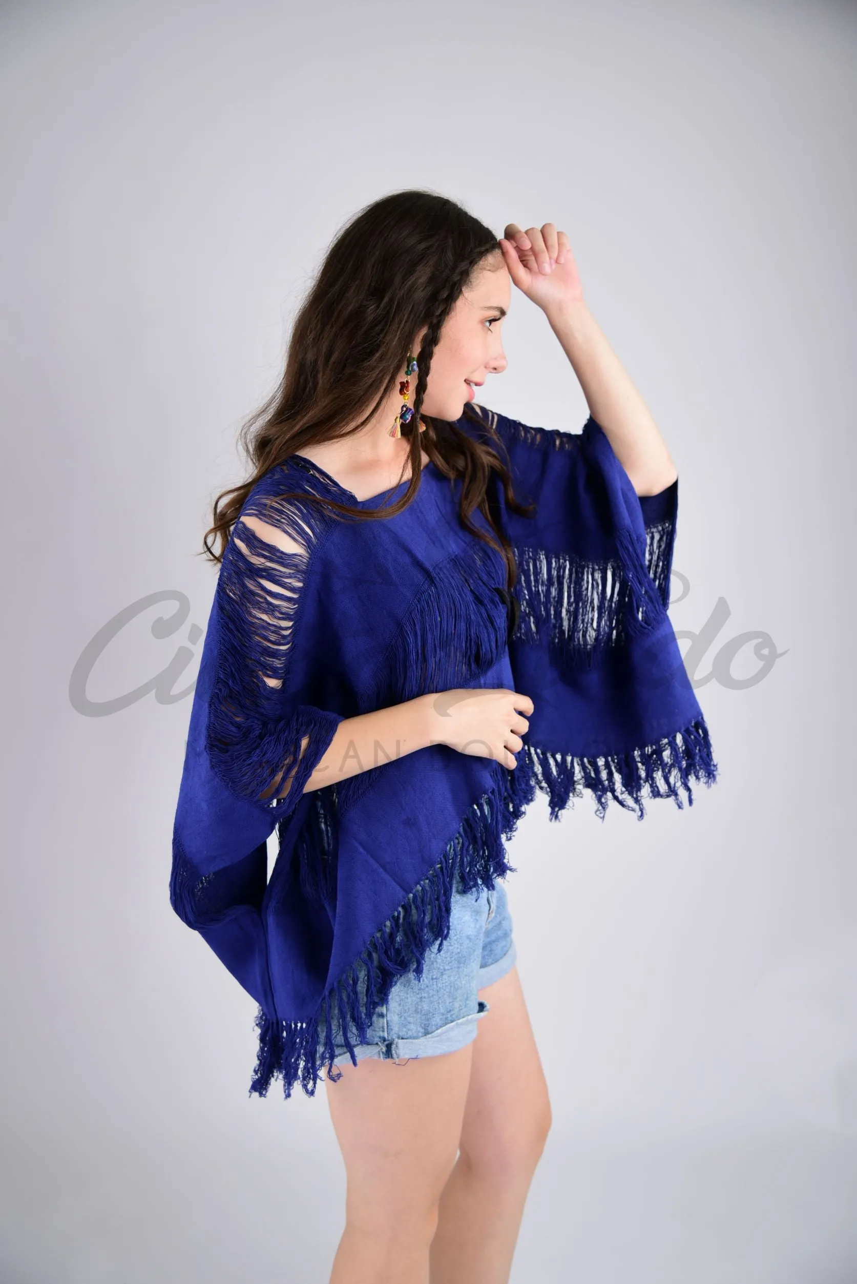 Tulum Raw Frayed Poncho Indigo