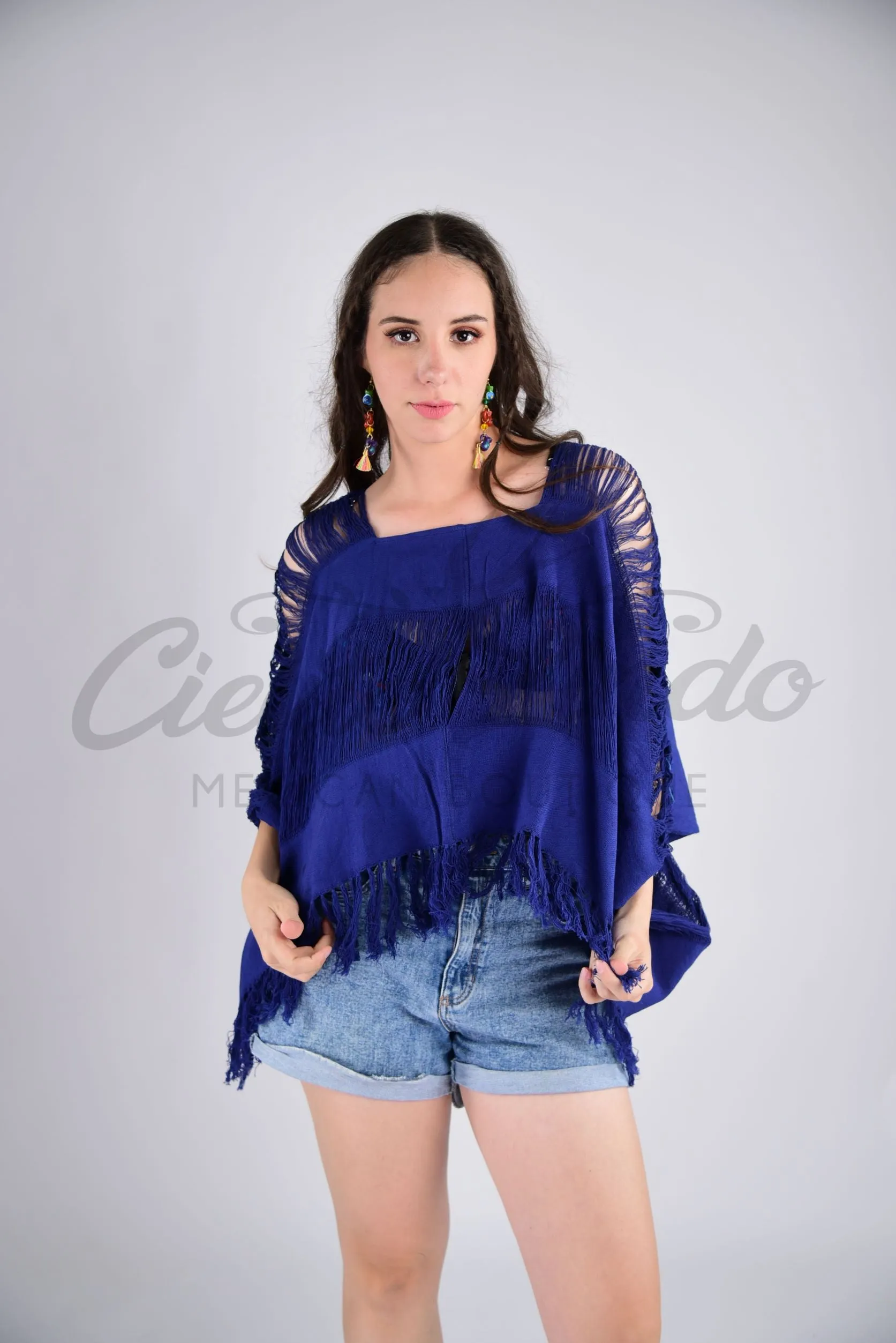 Tulum Raw Frayed Poncho Indigo