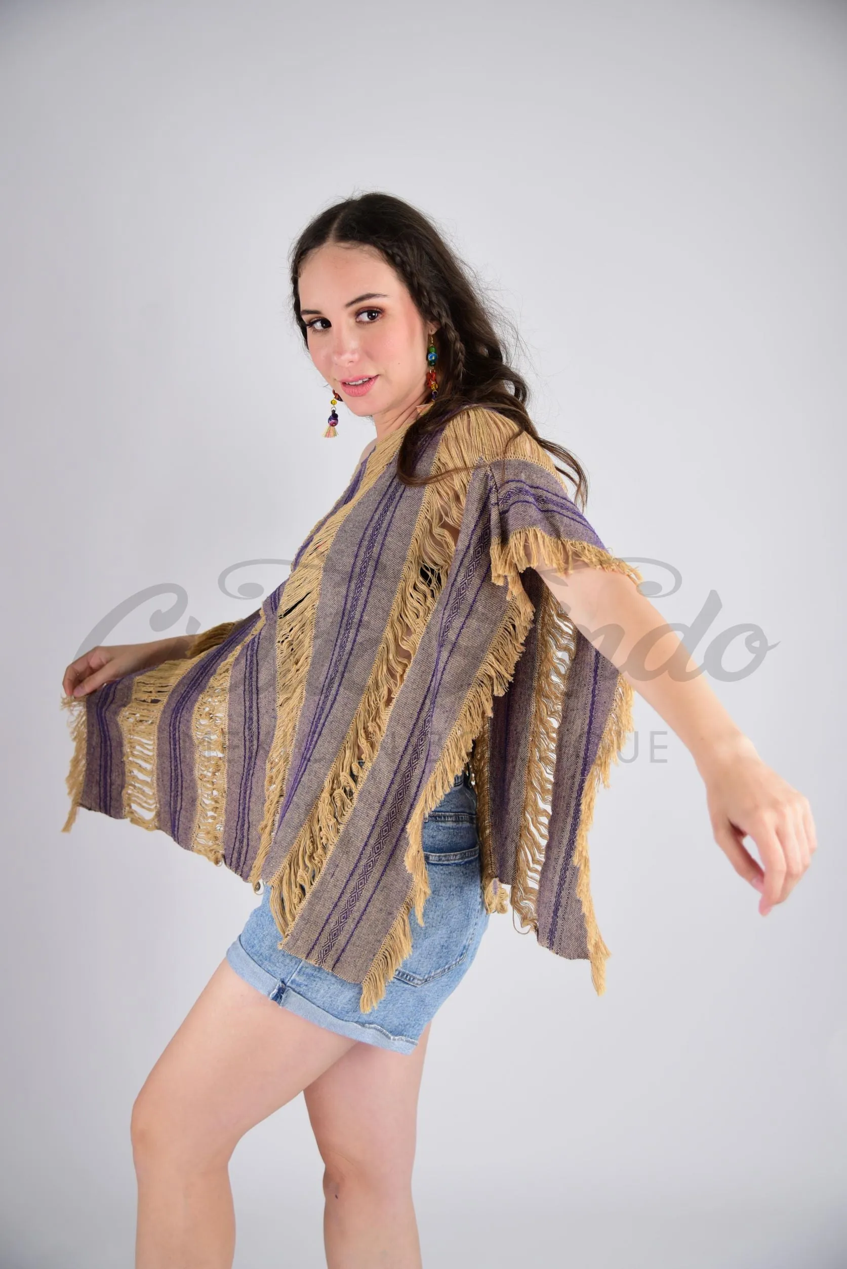 Tulum Raw Frayed Poncho Nude and Purple