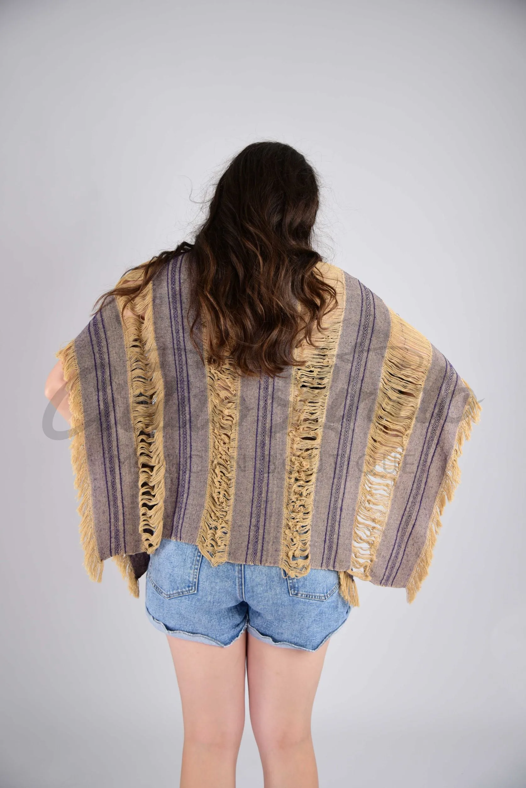 Tulum Raw Frayed Poncho Nude and Purple