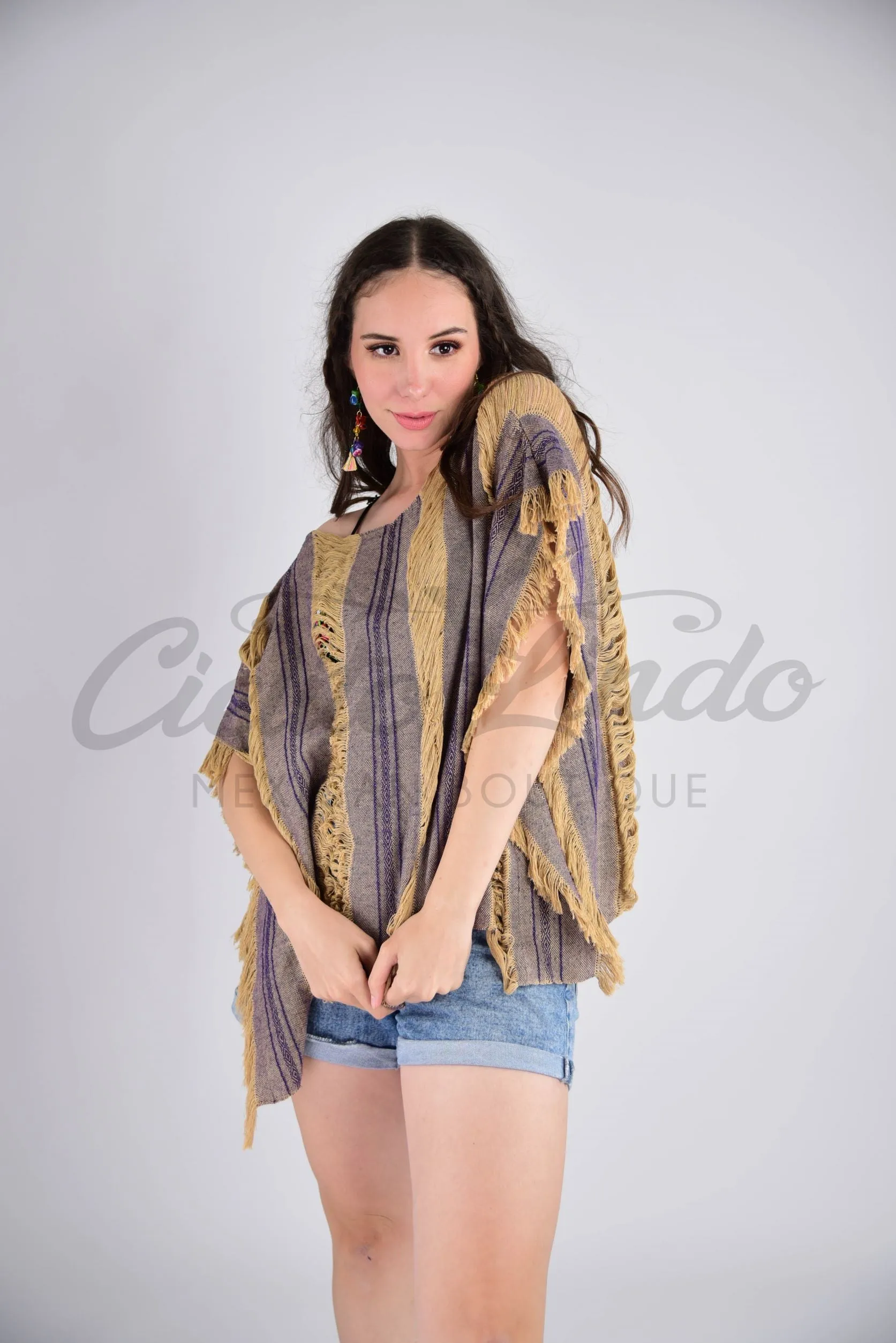 Tulum Raw Frayed Poncho Nude and Purple