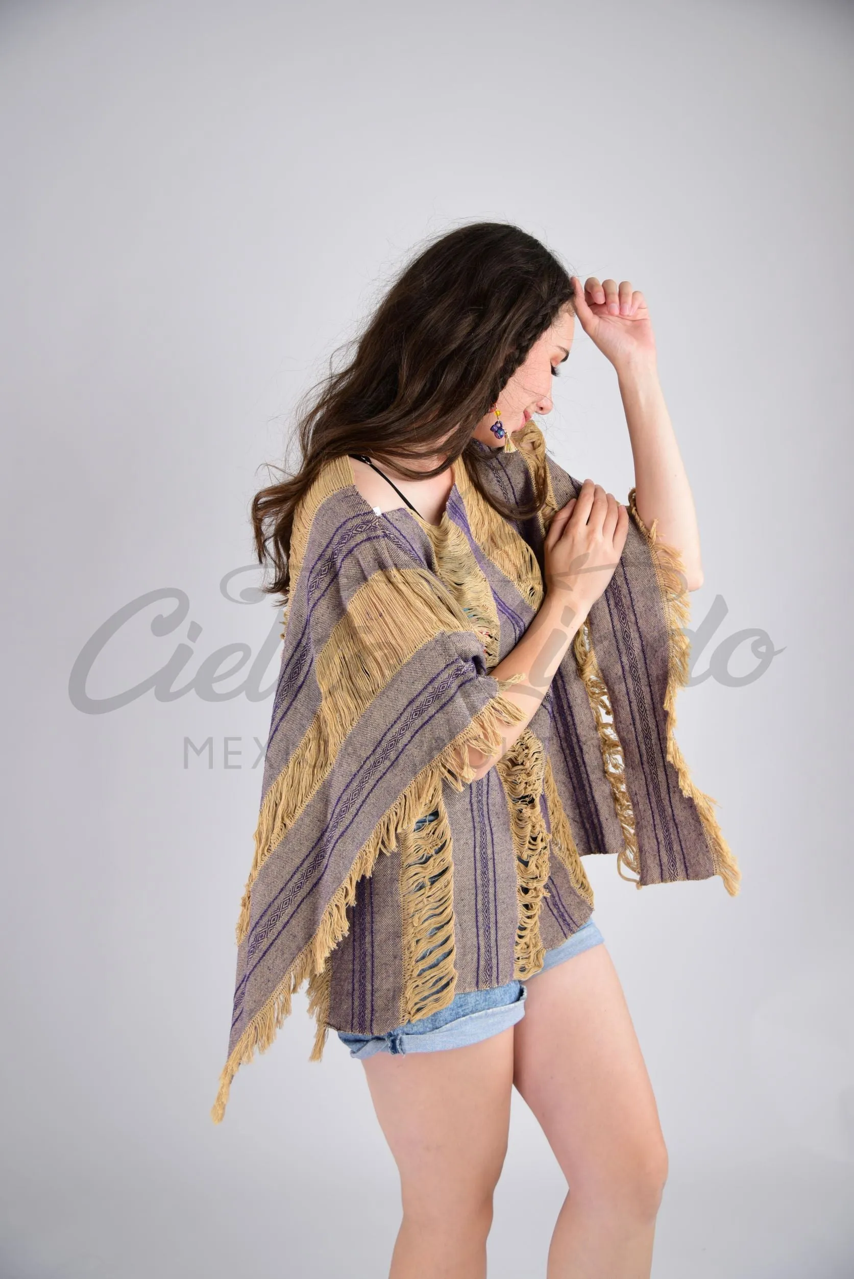 Tulum Raw Frayed Poncho Nude and Purple