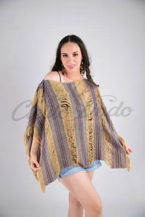 Tulum Raw Frayed Poncho Nude and Purple