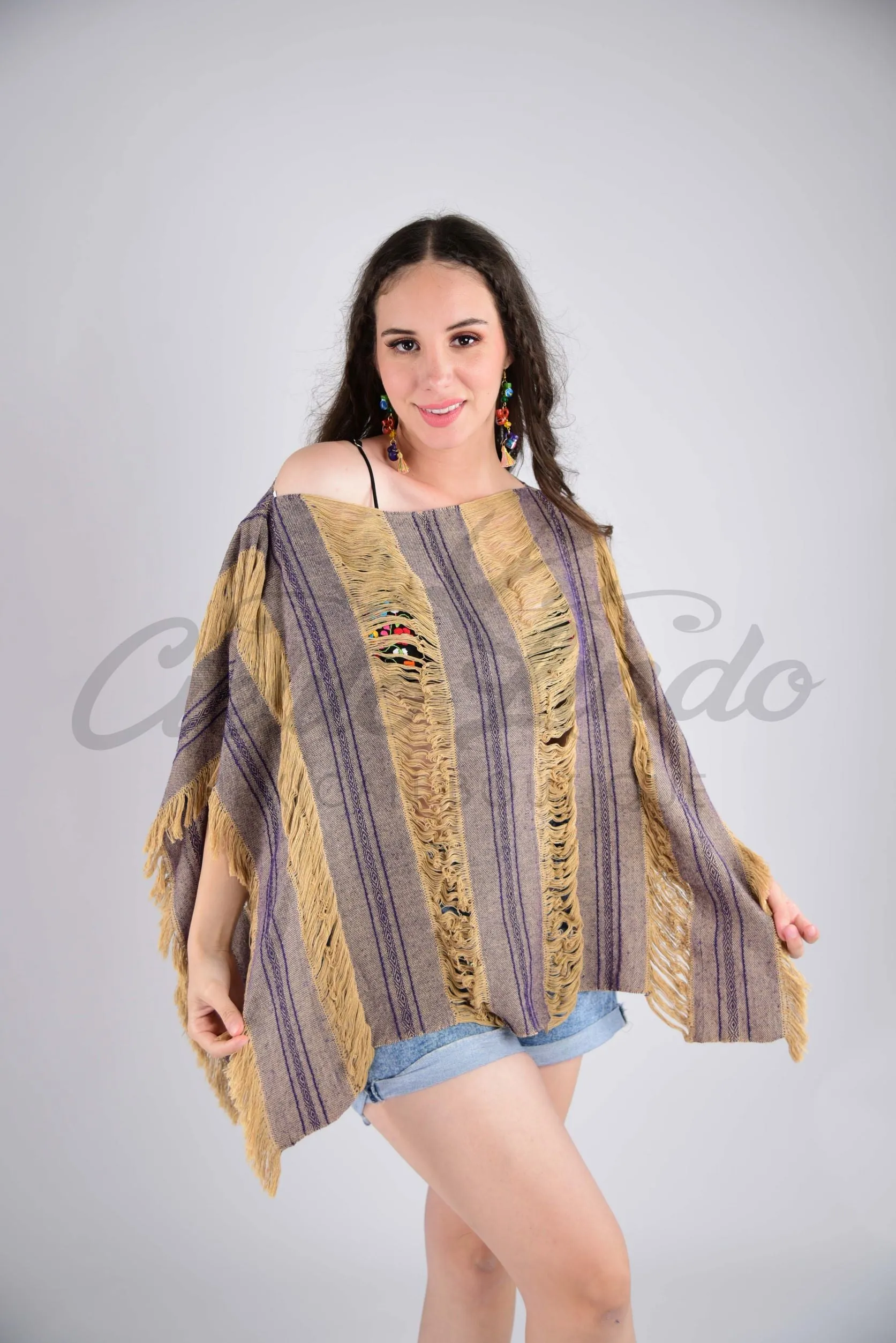 Tulum Raw Frayed Poncho Nude and Purple