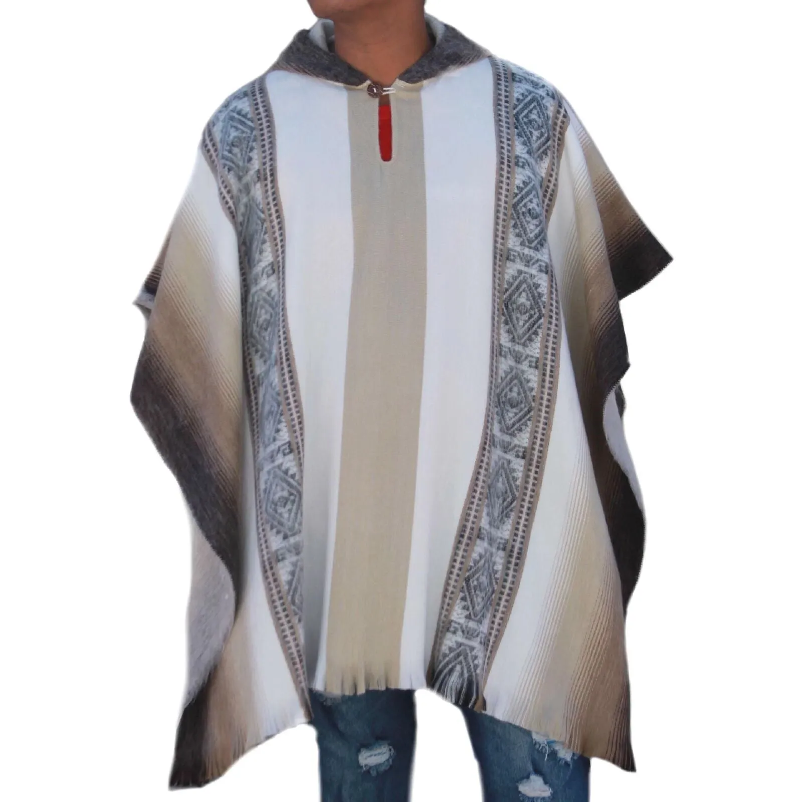 Tupigachi - Lightweight Baby Alpaca Hooded Poncho Pullover - White/Beige - Unisex