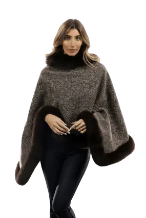 Tweed Poncho with Fur Trim - Brown