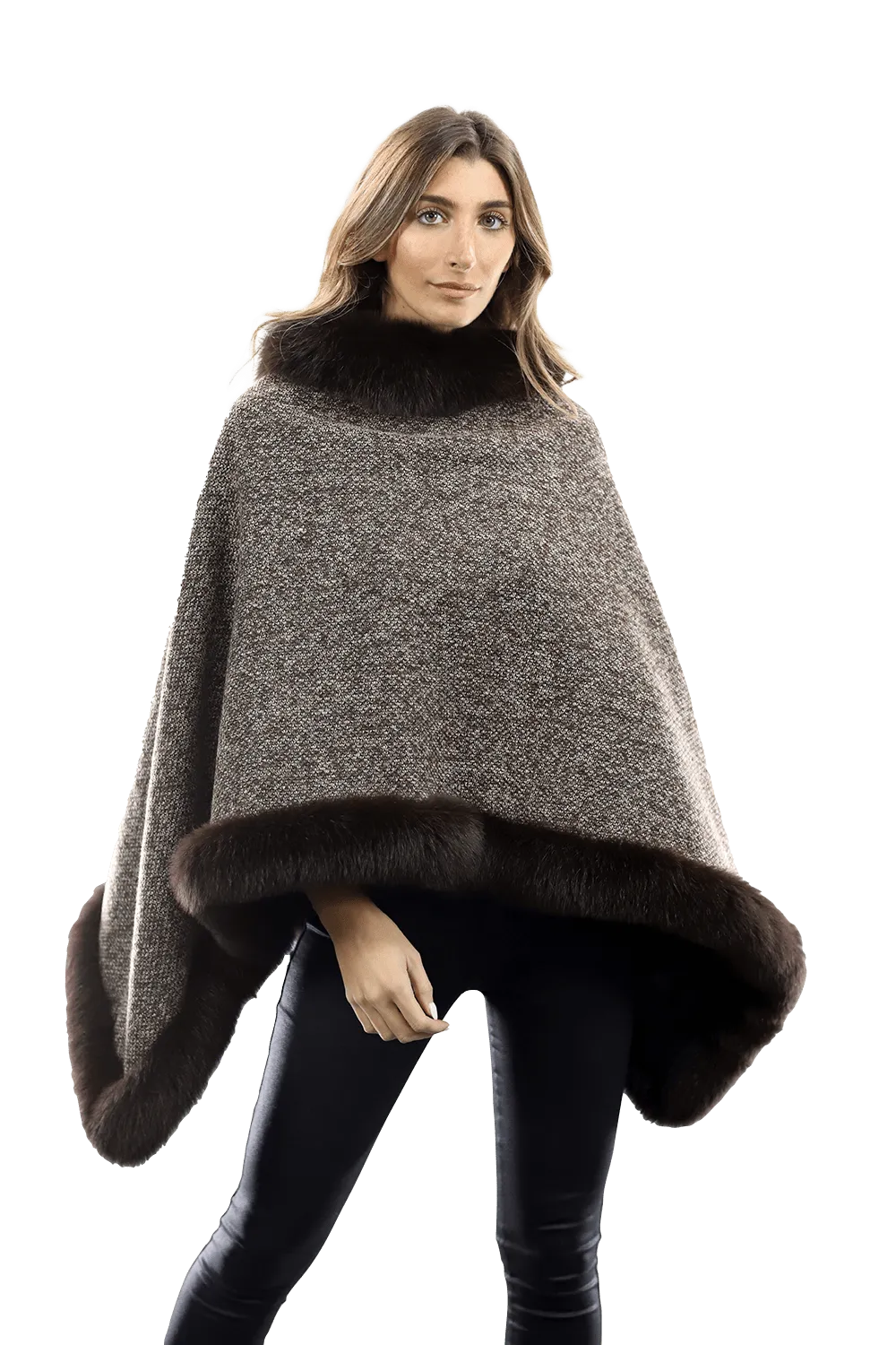 Tweed Poncho with Fur Trim - Brown