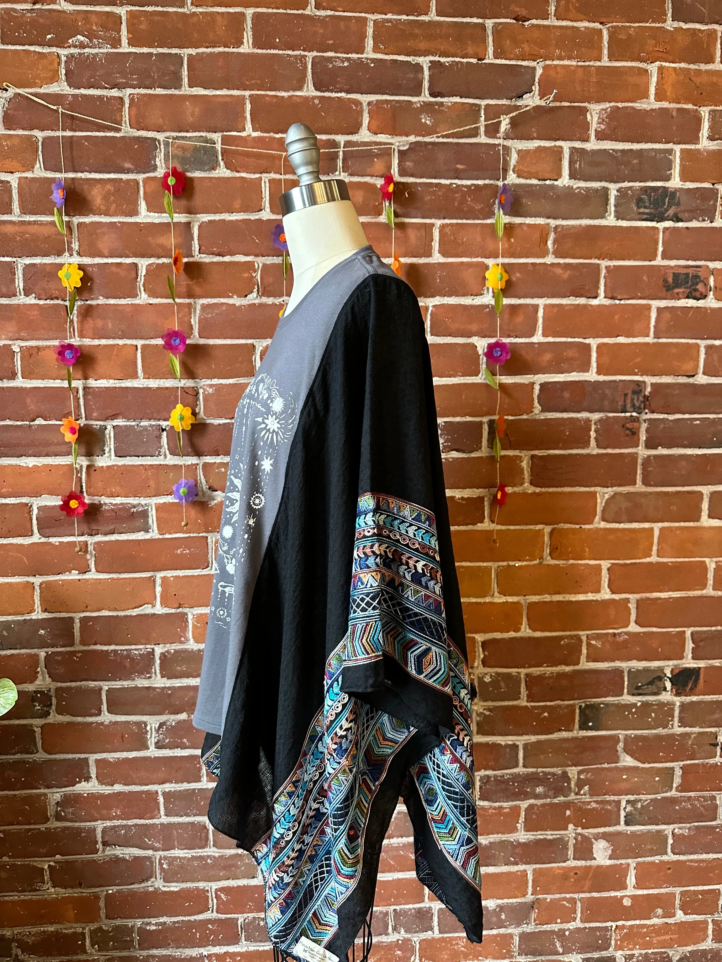 Upcycled Celestial Sun Moon Stars Embroidered Poncho